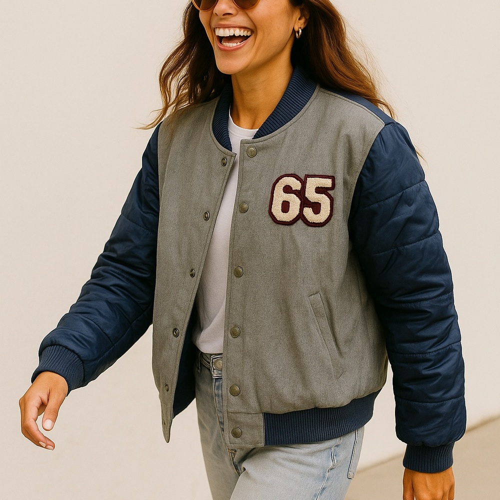 United Colors of Benetton Unisex Vintage Varsity Jacket – Gray & Navy Bomber - Picture 9 of 9